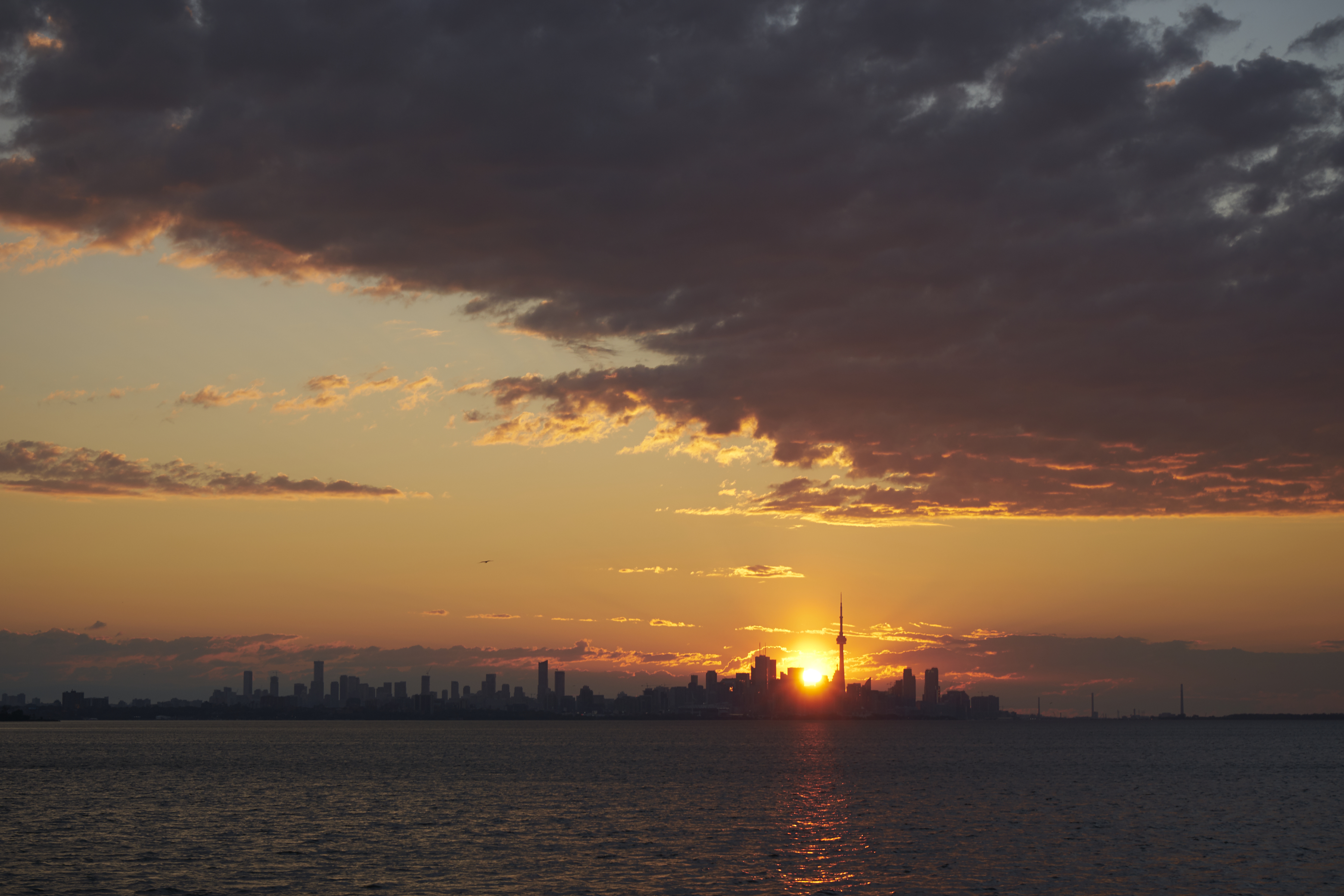 sunrise over toronto skyline from etobicoke